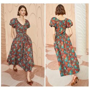 Ulla Johnson Cecile Midi Dress Tropical in Moon Flower Print size 2 puff sleeve
